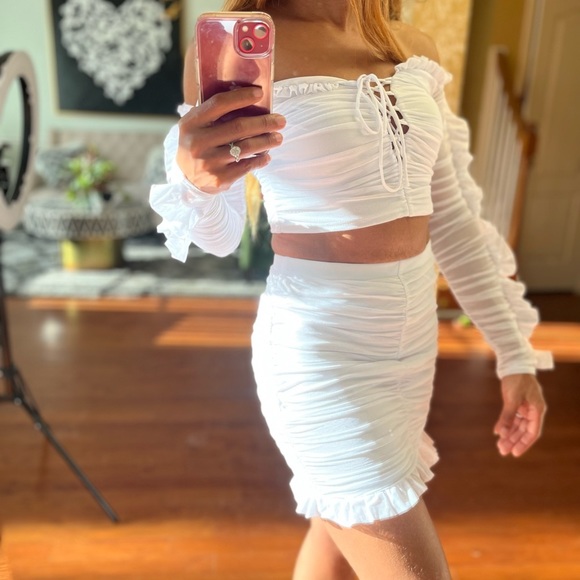 White Ruched & Ruffled Skirt Set by Fashion Nova - Picture 8 of 12